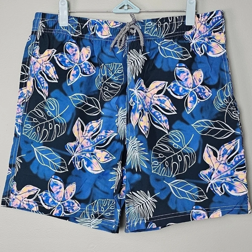 Men's Quick Dry Tropical Beach Shorts Swimsuit Swimwear Swim Trunks, Blue Leaf